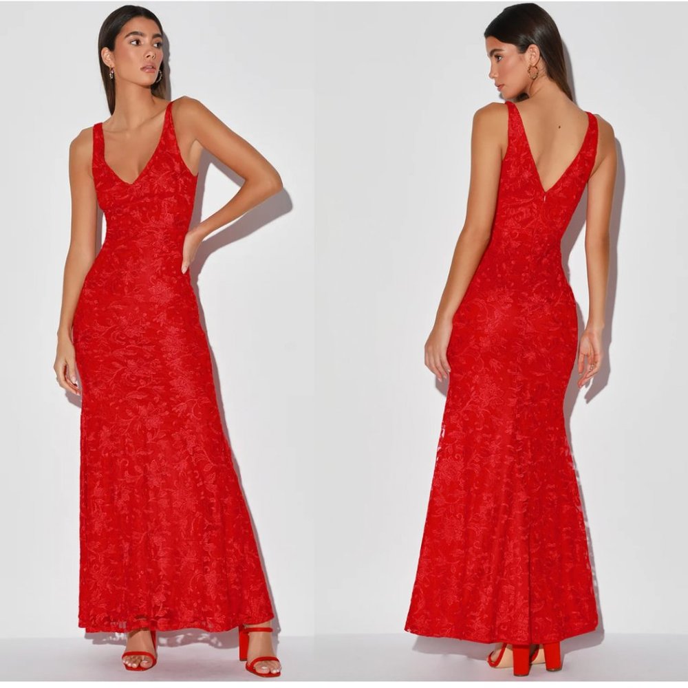Lulu's Flawless Love Red Lace Mermaid Maxi Dress